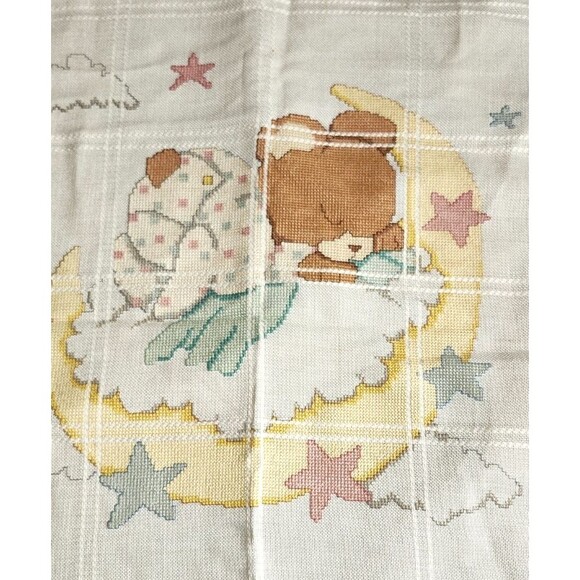 VTG Candamar Designs Finished Baby Afghan Cross Stitch Sleepy Teddy Bear Signed - Picture 3 of 14